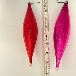 2 Vtg Poland Mercury Glass Teardrop Icicle Christmas Ornaments 8.5" Fuschia Red